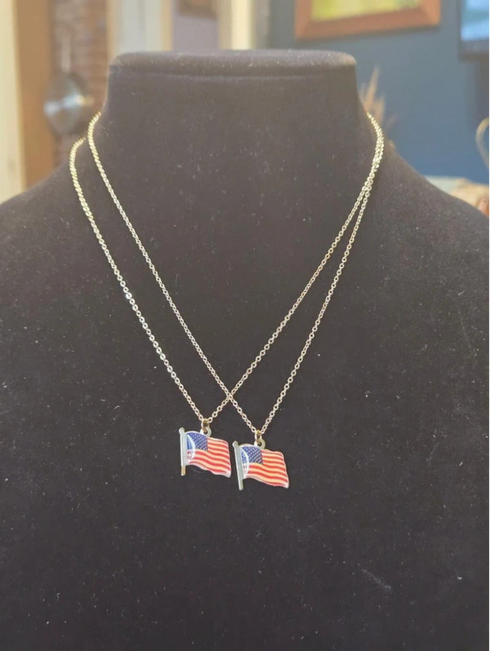Vintage Enamel American Flag Pendant Necklace Set of 2 Gold Tone Chain